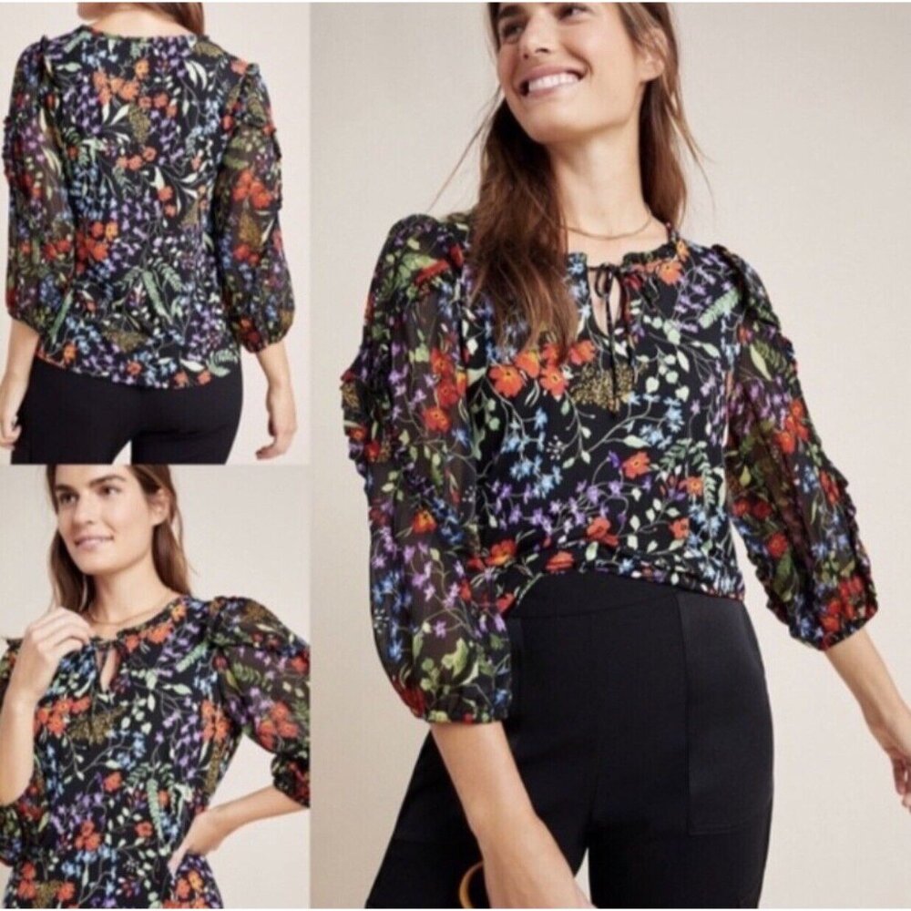 Anthropologie Maeve Floral Blouse with Sheer Gathered Sleeves - Picture 13 of 16